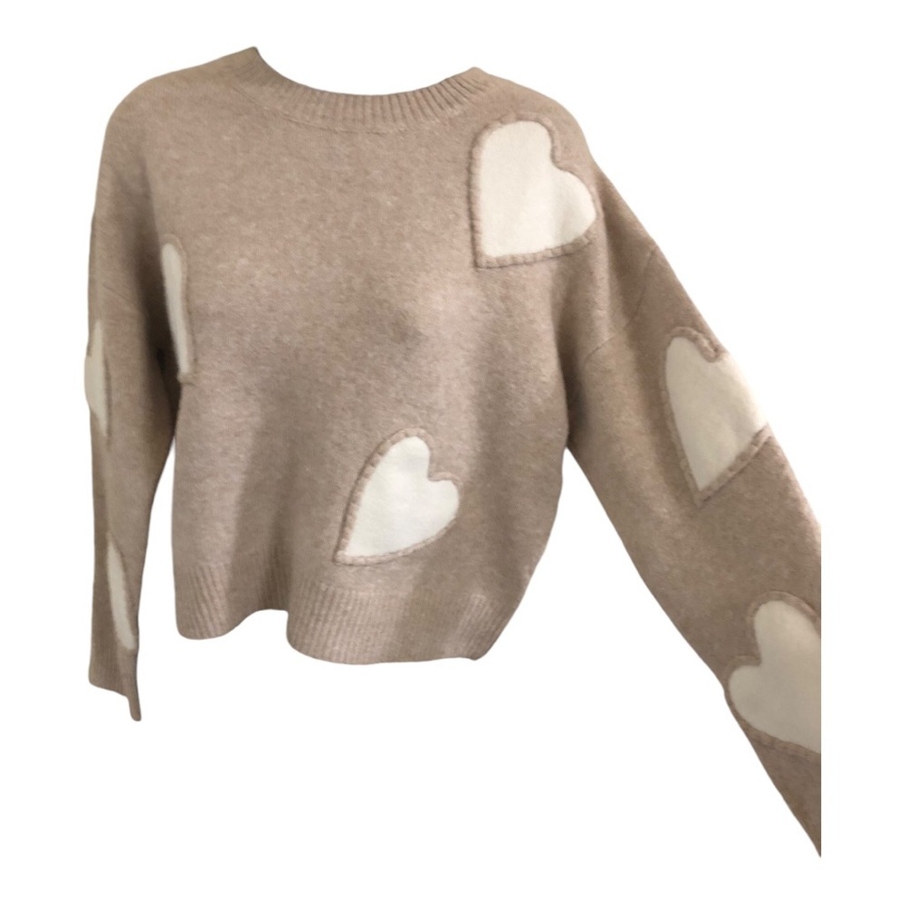 Super cute cozy tan‎ oatmeal & white heart shaped patchwork sweater size medium